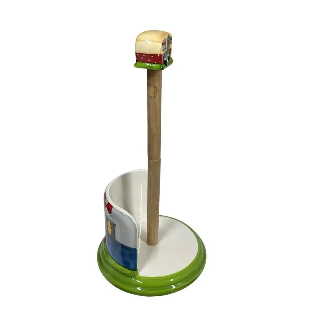 LTD COMMODITIES RV Paper Towel Holder Camping Happy Camper Ceramic Wood Retro